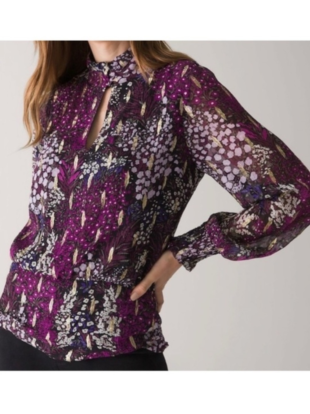 WHBM Purple Floral Metallic Keyhole Blouse Long Sleeve Size 14 Holiday Top